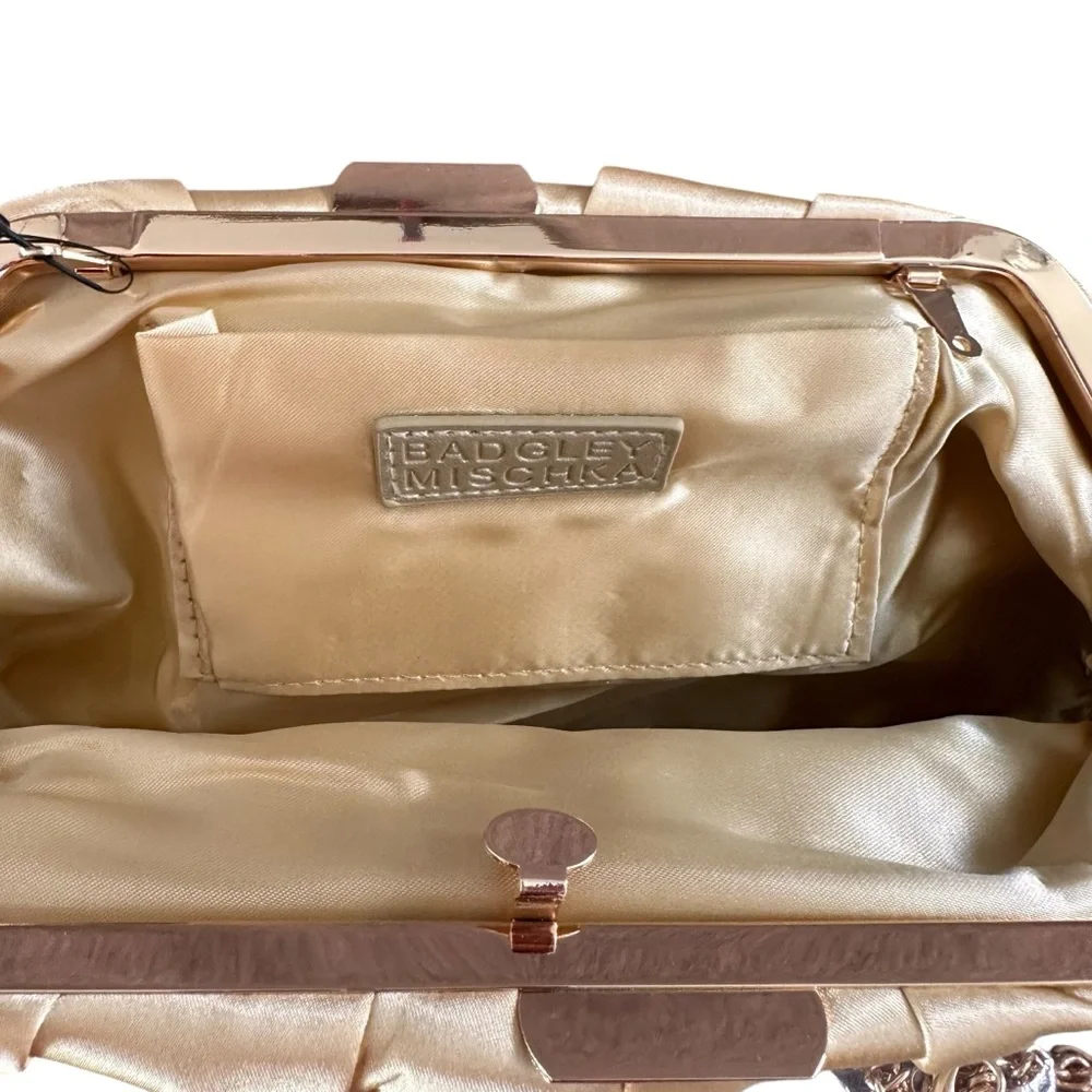 New Badgley Mischka Gold Satin Clutch w/ Pearl Flowers NWT Retail $179 - Picture 9 of 12